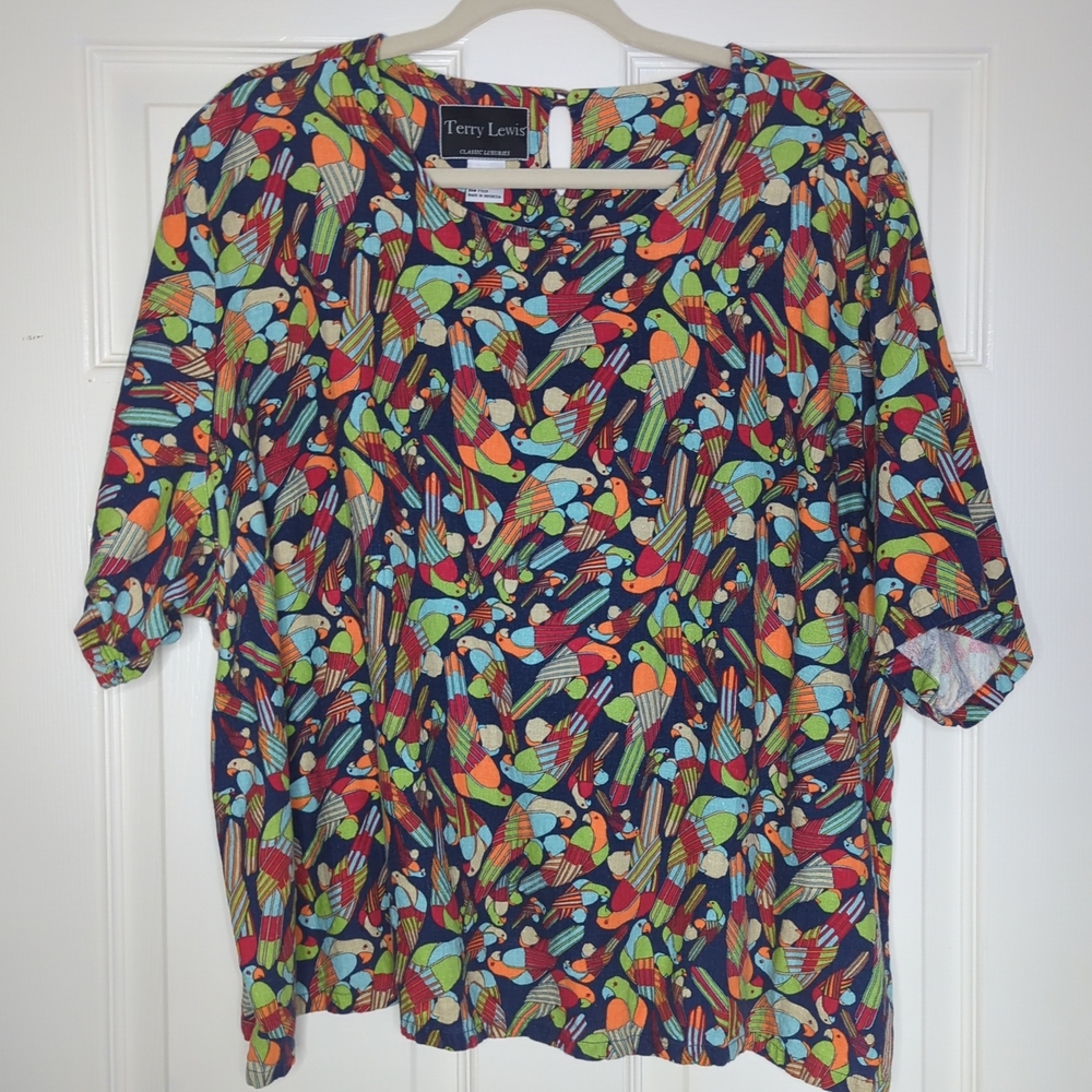 Terry Lewis Classic Luxuries Multicolor Bird Print Blouse